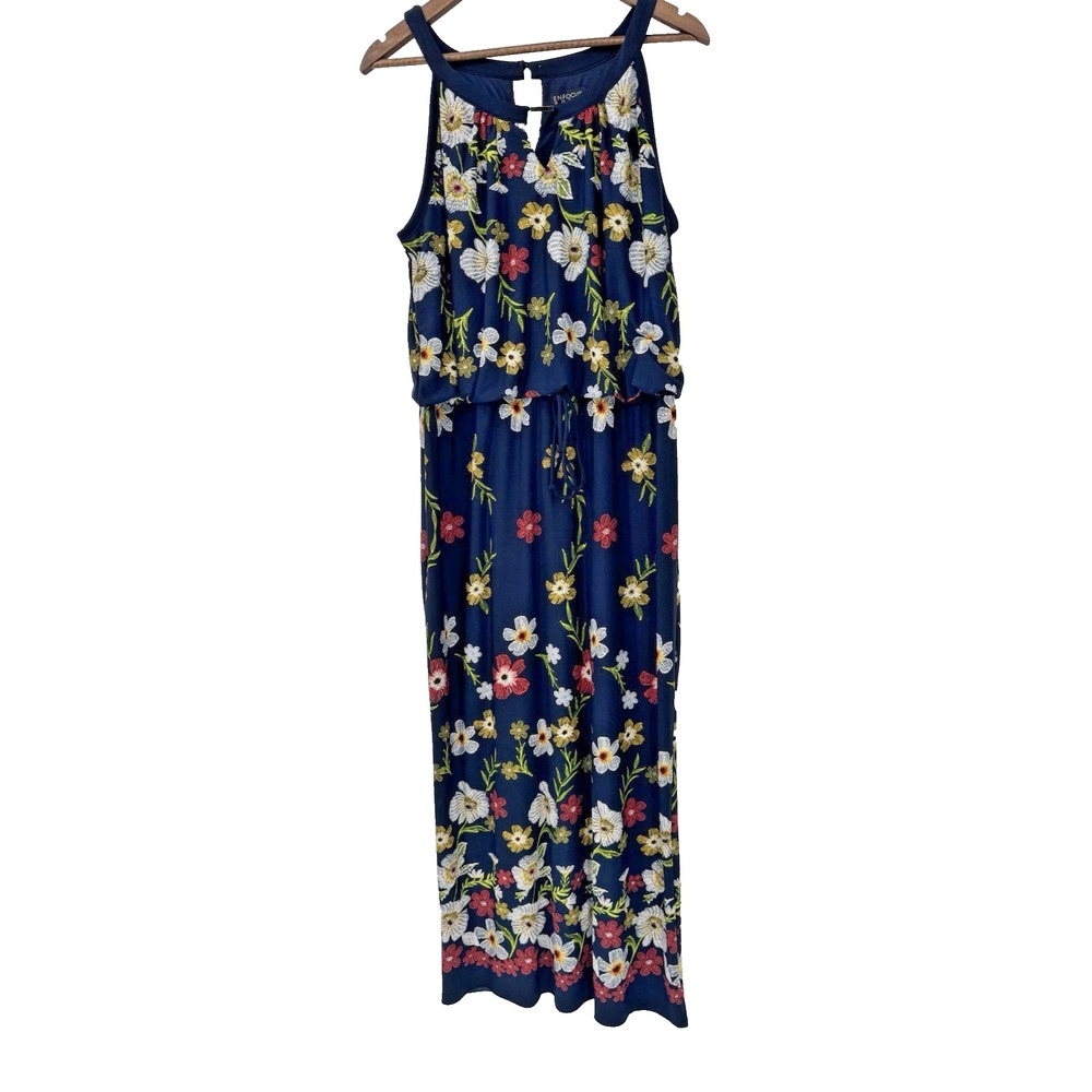 Enfocus Women 16w plus navy multicolored spring floral maxi sleeveless‎ stretch